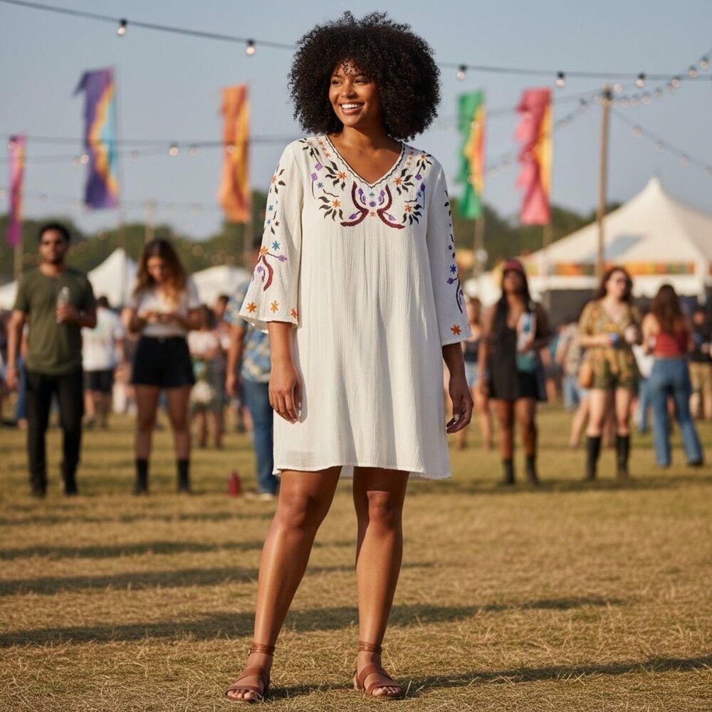 White Crinkle Crepe Embroidered Boho Festival Tunic Dress Cato Est 1946 XL
